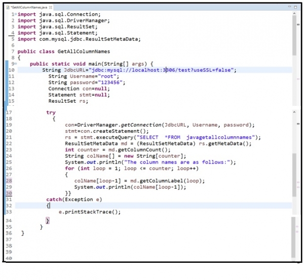 如何使用 MySQL 在 Java 中获取 ResultSet 上的列名称？