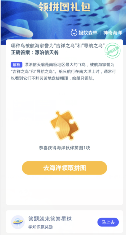 蚂蚁森林神奇海洋1月26日：哪种鸟被航海家誉为吉祥之鸟和导航之鸟