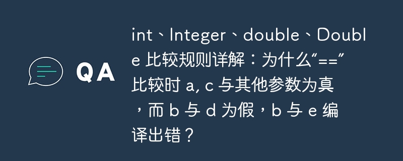 int、Integer、double、Double 比较规则详解：为什么“==” 比较时 a, c 与其他参数为真，而 b 与 d 为假，b 与 e 编译出错？