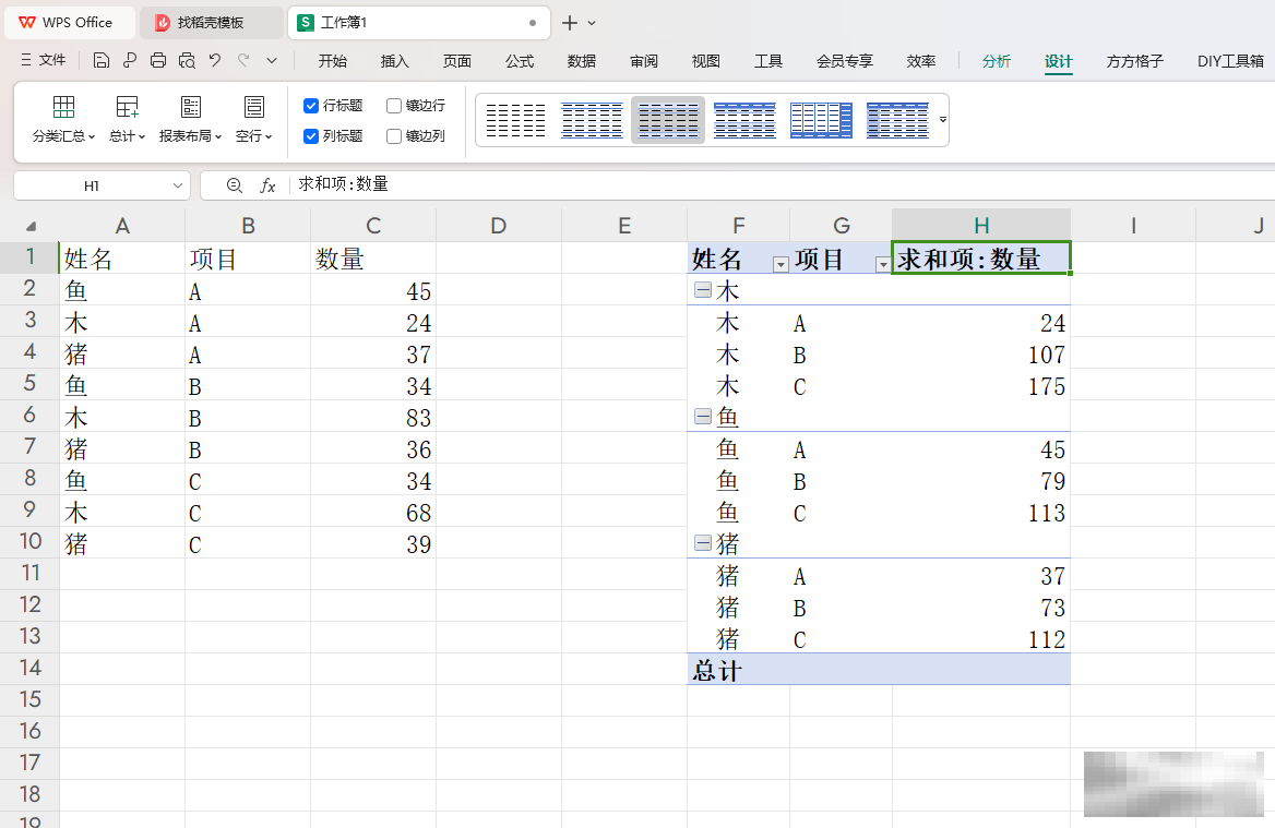 WPS Excel数据透视表按某一字段汇总的方法